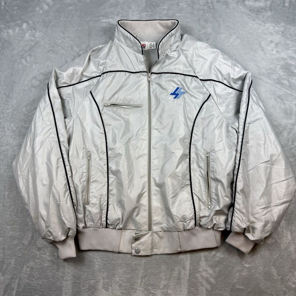 Vintage 80s King Louie Pro Fit Nylon Bomber Jacket Made in USA Silver Large